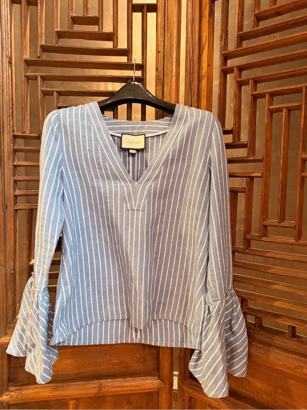 Alexis Light Blue & White Striped V-Neck Bell Sleeve Blouse